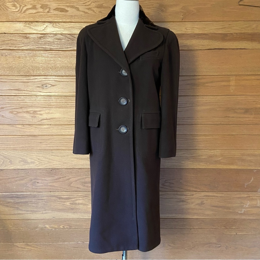 Vintage 1940s brown wool velvet collar button front longline coat